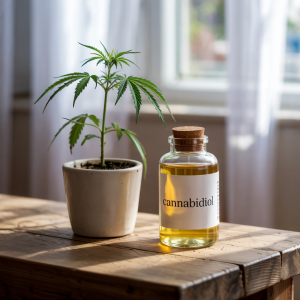 A natural landscape with CBD plants and an oil bottle evoking a holistic cure