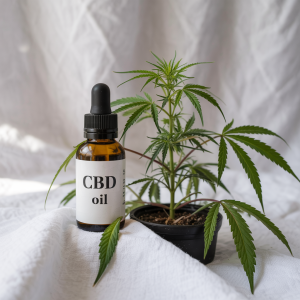 A relaxed scene with hemp leaves and CBD oil set against a serene backdrop implying relief 
