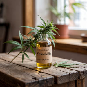 A detailed macro shot of hemp plants with a vial of CBD extract showcasing nature’s work