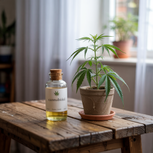 A warm composition of natural herbs alongside CBD-infused oil capturing a natural infusion