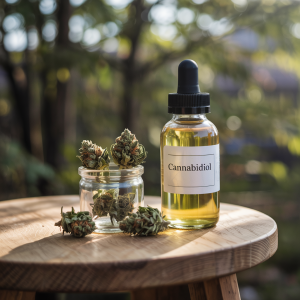 A guidebook overlaid with a CBD oil bottle on a subtle textured background 